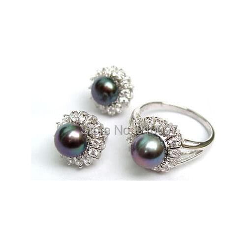 LHX54015S>>>>beautiful black shell pearl crystal silver Plated earring ring jewelry set