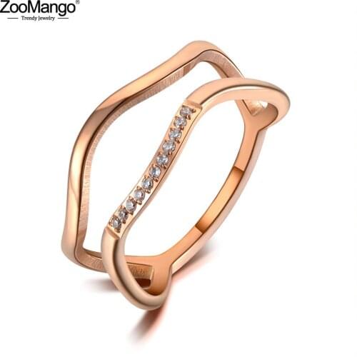 ZooMango Trendy Titanium Stainless Steel Wedding Rings For Women Rose Gold Geometry AAA+ CZ Crystal Engagement Jewelry ZR19125
