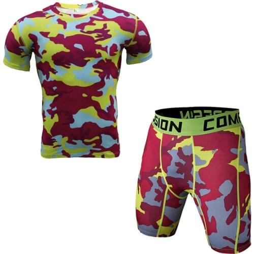 Fashion Camouflage Quick Dry Shorts for Man Anti-sweat Shorts and T-shirt Fitness Set for Man