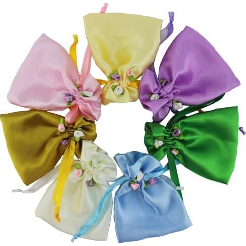 50pcs/lot) Soft satin drawstring gift wrap bag for wedding sweet pouch stick rose many color customize size and logo