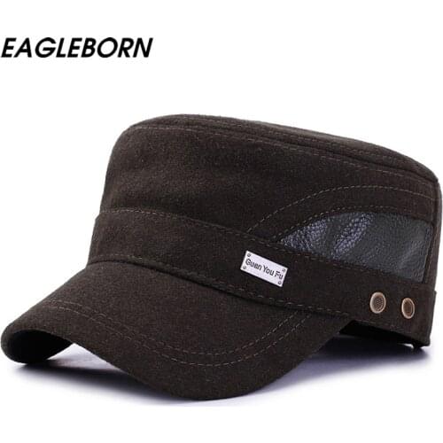2020 NEW Winter Men Army Military Cap Dad Hat PU Woolen Winter Thick Hat Classic Simple Hats for Men