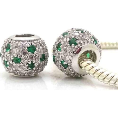 New Micro Pave Green CZ Ball Charm Beads Silver Color Beads Fits Pandora Style Charm Bracelets & Bangles Jewelry Findings