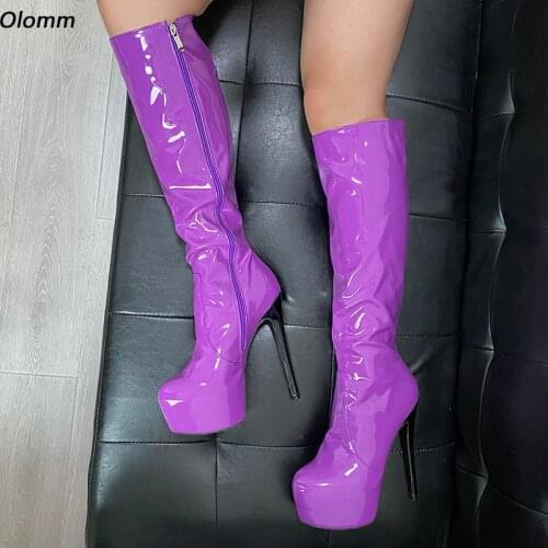 Olomm New Fashion Women Platform Knee Boots Side Zipper Stiletto Heel Round Toe 6 Colors Party Shoes Women Plus US Size 5-20