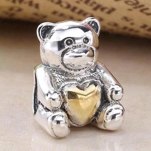 Original Cute Cartoon Bear With Gold Color Heart Beads Fit 925 Sterling Silver Bead Charm Europe Bracelet Bangle DIY Jewelry