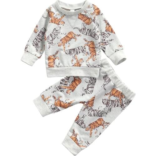 2021 Toddler Baby Boy Girl Autumn Clothes Long Sleeves Trousers Tiger Pattern Cartoon Print Classic Spring Clothing 0-24M