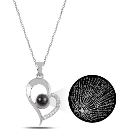 Silver 925 Sterling 100 Languages You Love Stone Heart Necklace