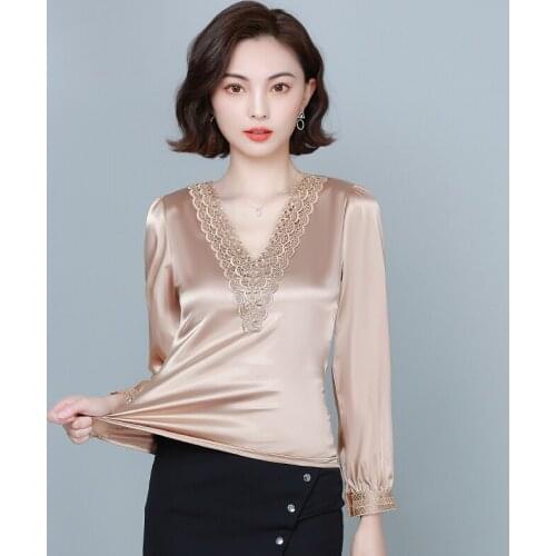 Long Sleeve V-Neck Satin Basic T-shirt Women Spring Autumn Solid Color Elegant Lace Splicing Plus Size All-match Slim Top Ladies