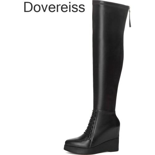 Dovereiss Fashion Female Boots Winter White Sexy Genuine Leather Elegant Waterproof Over The Knee Boots Back Zipper Wedges New