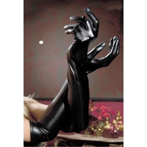 Women Sexy Black Finger Long Gloves Faux Leather Gothic Fetish Clubwear Elbow Length Mittens Cosplay Costume Accessory