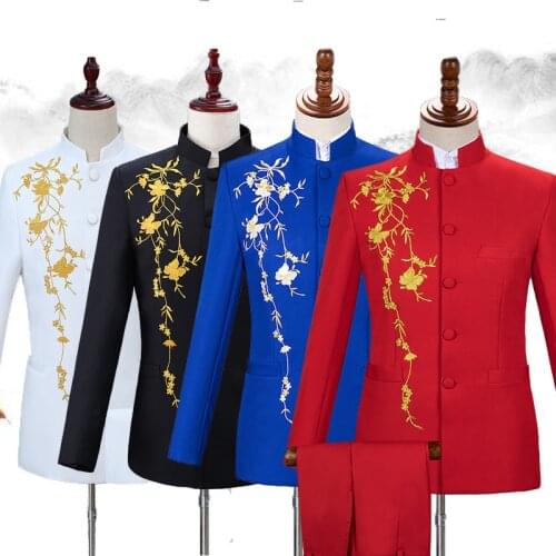 Chinese Tunic Suit Plus Size White Set 2019 Formal Wear Flower Embroidered Slim Jacket Pants Men Singer Show Stage Wear VDB858