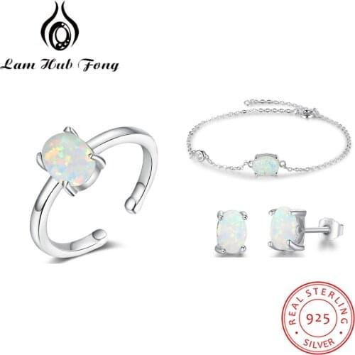 925 Sterling Silver Jewelry Sets Women White Oval Opal Stone Rings Stud Earrings Bracelets Bridal Jewelry Sets (Lam Hub Fong)