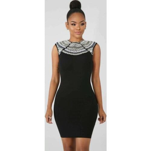 Slim Beading Sleeveless Black Bandage Women Dress Round Neck Pearl Embellished Mini Sheath Club Femme Dress Vestidos