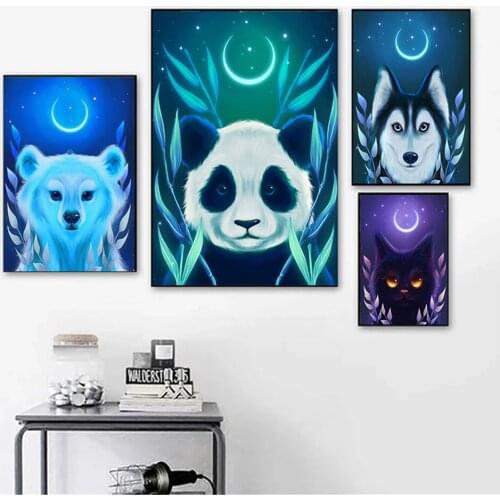Animals under the moon Art Canvas Painting Modern Mural Panda Fox Poster Print Childrens Room Living Room Home Decor Pictures