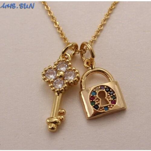 MHS.SUN New Lock/Key Fashion Pendant Women Necklace AAA Zircon Jewelry Adjustable Copper Chain Choker For Girl Xmas Gift 1PC