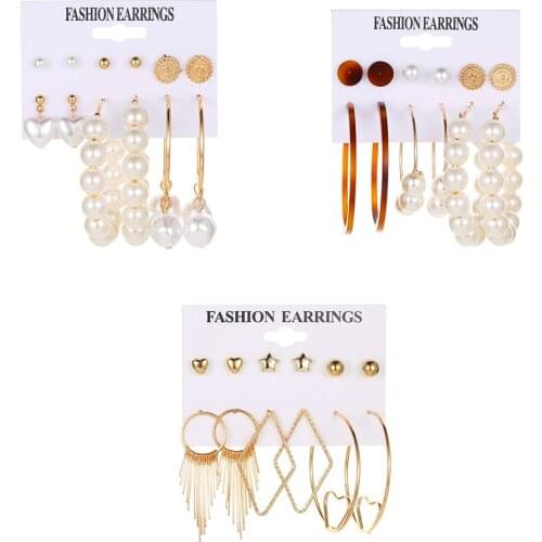 12 Pcs/Set Bohemian Women Earrings Set Flower Pearl Heart Star Tassel Leopard Pendant Gold Earring Fashion Party Jewelry