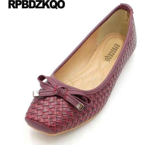 Flats chinese red wine blue foldable ballet 2018 square toe large size shoes driving ballerina women bow breathable cute woven