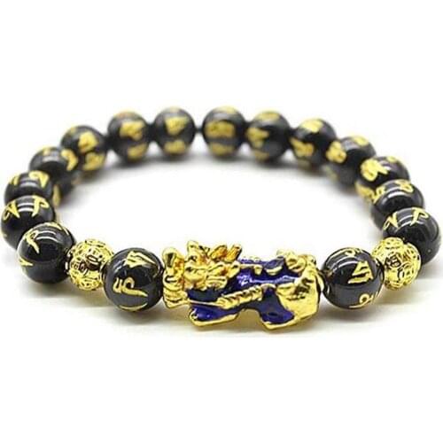 Feng Shui 10mm Hand Carved Mantra Bead Bracelet Porsperity Black Bead Bracelet with Color Changed Pi Xiu/Pi Yao Attract Wealth