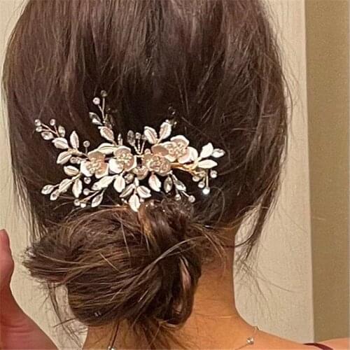Champagne/Silvertone Color Wedding Accessory Bridal Hairpin Bride Hair Comb, Crystal Hair Vine Rhinestone, Pearl Hairpiece