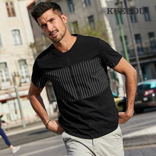 KUEGOU 100% cotton Mens T-shirt summer Stripe Patchwork Black fashion t thirt men short sleeve tshirt top plus size ZT-3372