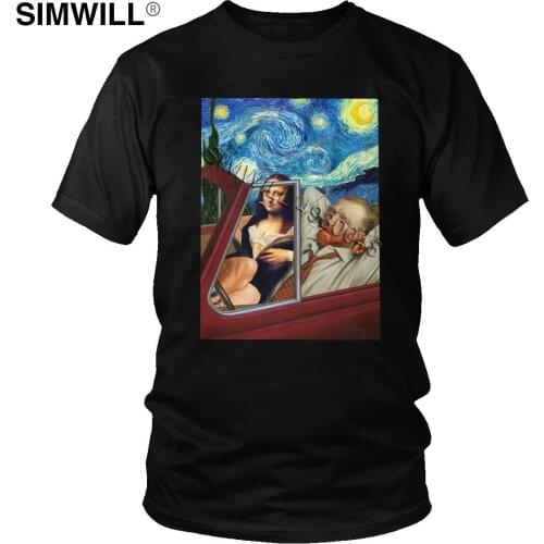 Funny Mona Lisa Starry Night T Shirt Men Cotton Streetwear T-Shirt Short Sleeves Oversized Retro Graphic Tee Tops Merchandise