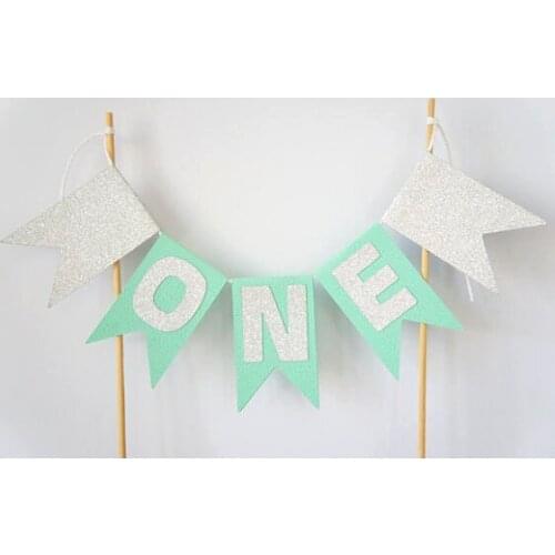 Hot Kids 1st Birthday Party Cake bunting Mint Silver ONE Banner Age Number Cake bunting Baby shower Party Smash Cake Decor