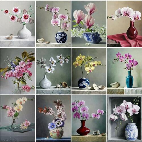 HUACAN Diamond Painting New Flower Orchid 5D Diamond Embroidery Cross Stitch Vase Pictures Of Rhinestones Mosaic Wall Art