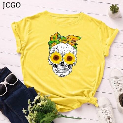 JCGO Summer Women T Shirt Plus Size 5XL Cotton Flower Skull Print Punk Tshirts Female Short Sleeve Casual Oversized Tops Tees
