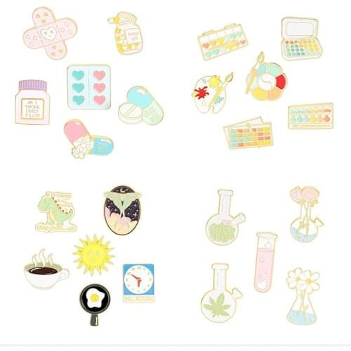 Coffee Sun Dinosaur Anime Medicine Enamel Pins Chemistry Pharmacist Badge Pharmacy Heart Brush Art Oil Painting Brooch Jewelry