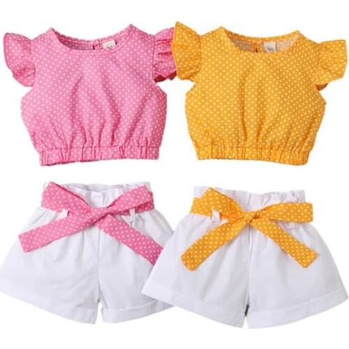 2021-04-01 Lioraitiin 2Pcs Set 1-5Years Toddler Baby Girl Summer Clothing Set Off Shoulder Solid Top Striped Shorts Outfit