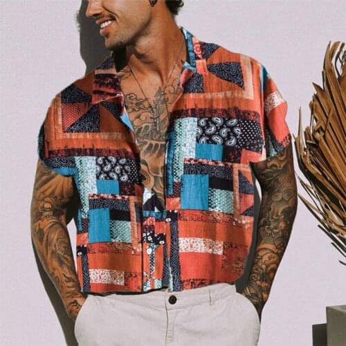 Mens Retro Print Casual Shirt Ethnic Style Short Sleeve Lapel Neck Hawaiian Shirt Summer 2021