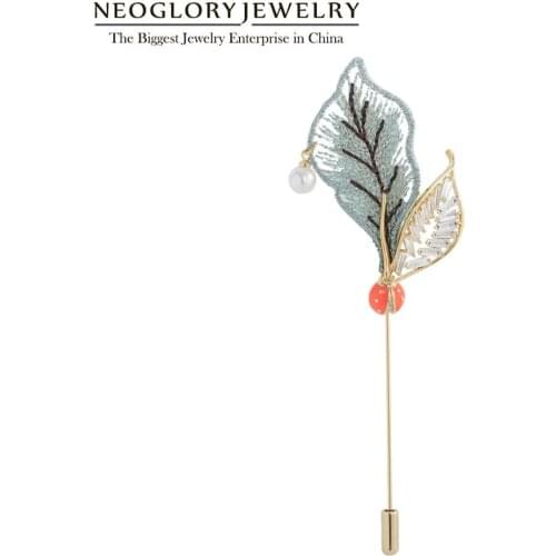 Neoglory Chinese Style Embroidery Leaves Brooches for Women AAA CZ Shell Pearl Coat Pins Fashion Jewelry Gift for Girl Friend