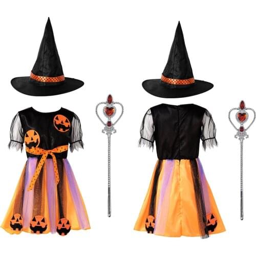 Halloween Witch Girls Tutu Dress with Pointed Hat Magic Wand Pumpkin Applique Kids Wizard Costume for Purim Carnival Party Dress