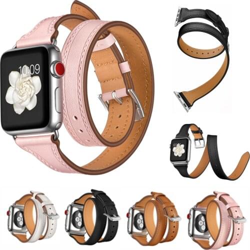 Leather Bracelet loop Wrist belt+metal For watch band 6 44mm 40mm Double Tour Genuine strap For iWatch Series 42mm 38mm 6 5 4 3