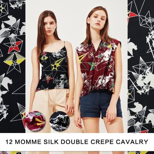 12momme 114cm width five-pointed star knight printed 100% silk crepe de chine shirt clothing fabric materials Freeshipping