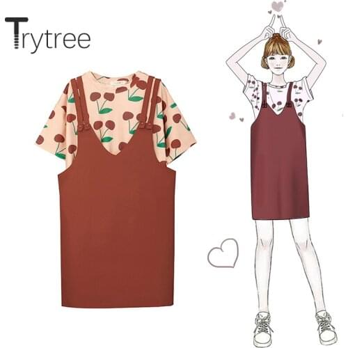 Trytree 2020 Summer Women two piece set Casual O-neck Cherry Lovely Loose Tops + Sling Dress Solid Mini Loose Set 2 piece Set