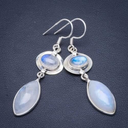 Natural Rainbow Moonstone Handmade Unique 925 Sterling Silver Earrings 2" B2538