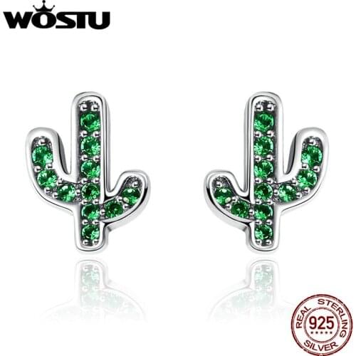 WOSTU 100% 925 Sterling Silver Refreshing Green Cactus Crystal Trendy Stud Earrings For Women S925 Jewelry Gift Brincos FIE097