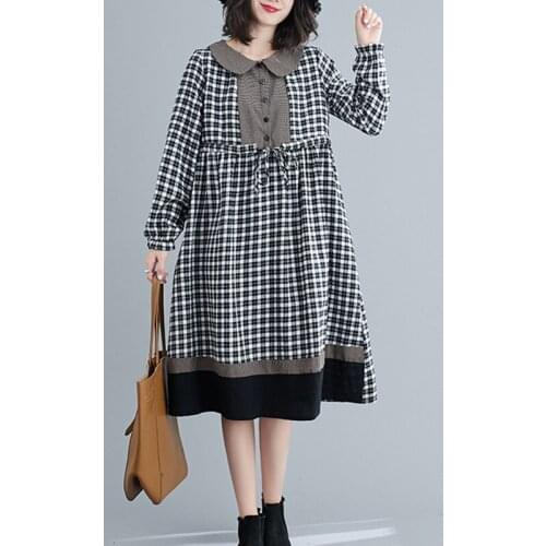 Japanese Style Plaid Peter pan Collar Sweet Girls Chic Autumn Dress Patchwork Office Lady Work Dress Women Casual Spring Dress