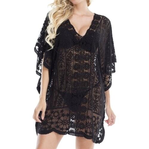 2021 Sexy See Through V-Neck Bats Sleeve Loose Summer Beach Dress Lace Tunic Women Beachwear Plus Size Mini Dress Sarong N895