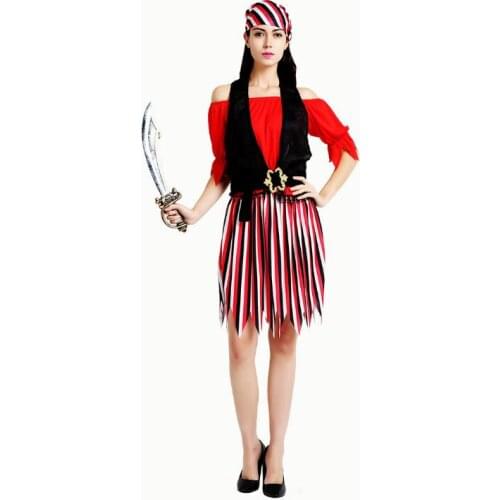 Women Sexy Vintage Medieval Pirate Costume Cosplay Striped Dress Party Fancy Dress Clothing for Female Adult Halloween Costumes