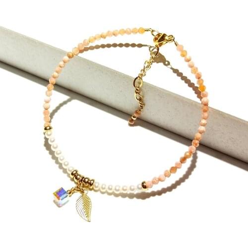 Lii Ji 2mm Rhodochrosite Freshwater Pearl Austrian Crystal With Leaf Charm Bracelet American 14K Gold Filled Bracelet 17+3cm