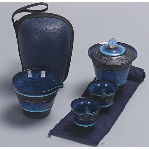 Tea set Ceramic Blue Glaze gaiwan kung fu Tea Set 1 Teapot With 2 Teacups and infuser, Exquisite Design For Tea Services Or Gift