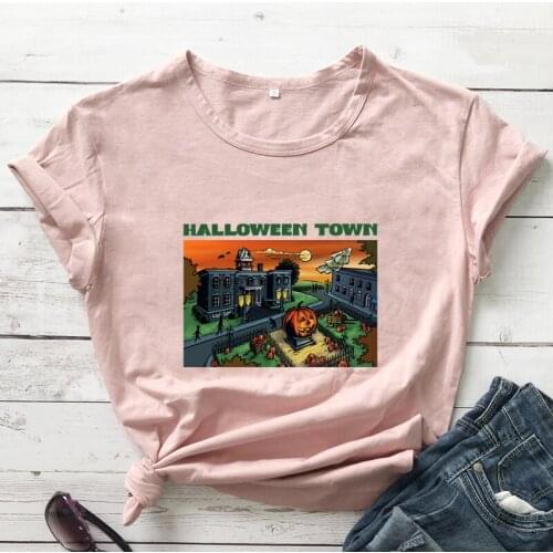 Colored Halloween Town 100% Cotton T-shirt Funny Halloween University Graphic Tee Top Spooky Women Autumn Pumpkin Holiday Tshirt