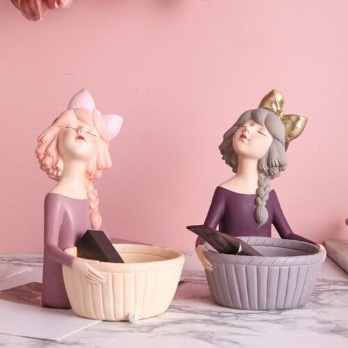 Resin Girl Figurine with Bowl Storage Box Brush Holder Makeup Keys Accessories Table Office Desk Hotel Home Decor Gift Childs