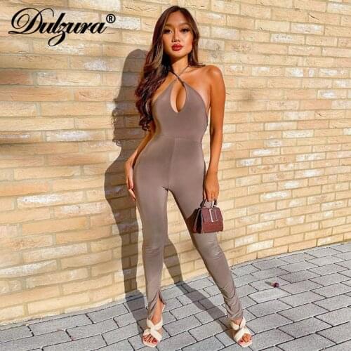 Dulzura Solid Women Halter Jumpsuit Sleeveless Backless Slit Bodycon Sexy Streetwear Casual Sporty 2021 Summer Outfit