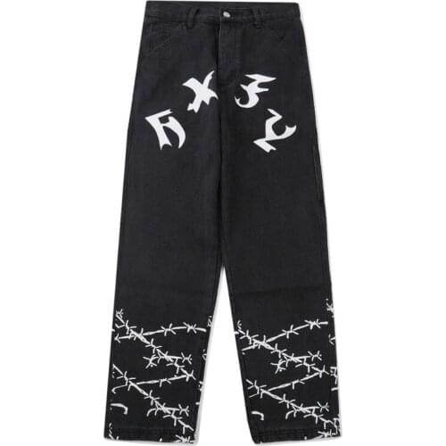 Hip Hop Rivet Printed Denim Black Jeans Harajuku Straight Baggy Pants Wide Leg Jeans 2020 Oversized Loose Joggers Man Trousers