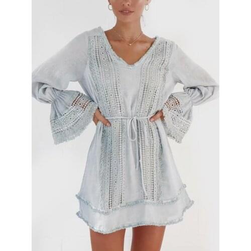 KHALEE YOSE Blue Embroidered Mini Dress Autumn Women Crochet Dresses Cotton Long Sleeve Belt Chic Loops Hollow Out Boho Dress