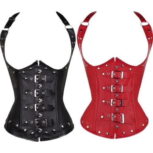 Halter Neck Faux Leather Steampunk Corselet Front Buckle Closure Rivet Underbust Bustier Waist Cincher Shaper Corset