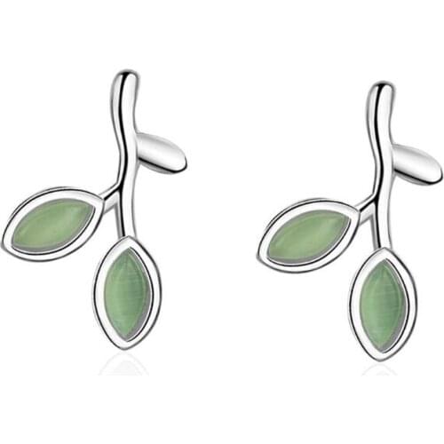 Creative New Fashion Exquisite Tender 925 Sterling Silver Jewelry Personality Sweet Leaf Green Crystal Stud Earrings SE674