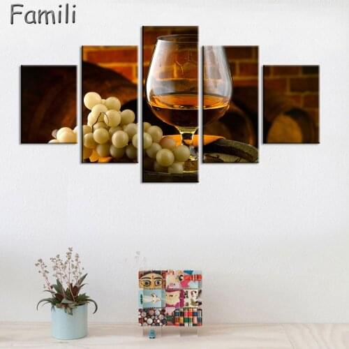 Modular Picture Artwork 5 Pieces Wine Grape Dessert Framed Painting Canvas Wall Art Modern Kitchen Restaurant Decoration